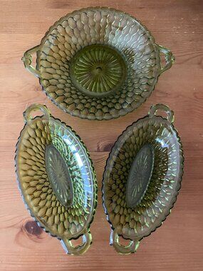 Vintage Indiana  Glass Green Honeycomb Pattern Relish Candy Mint 3 Dishes